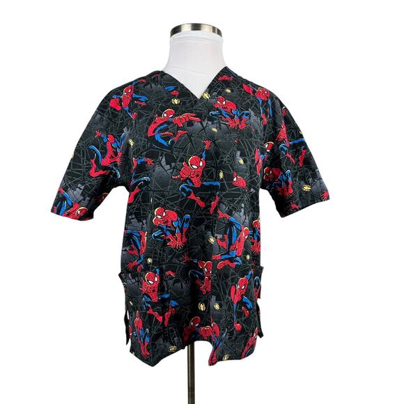 ✨2/$20 Marvel x Ultimate Spiderman Nurse CNA V-Neck Spider-Man Scrub Top Large - Picture 2 of 13